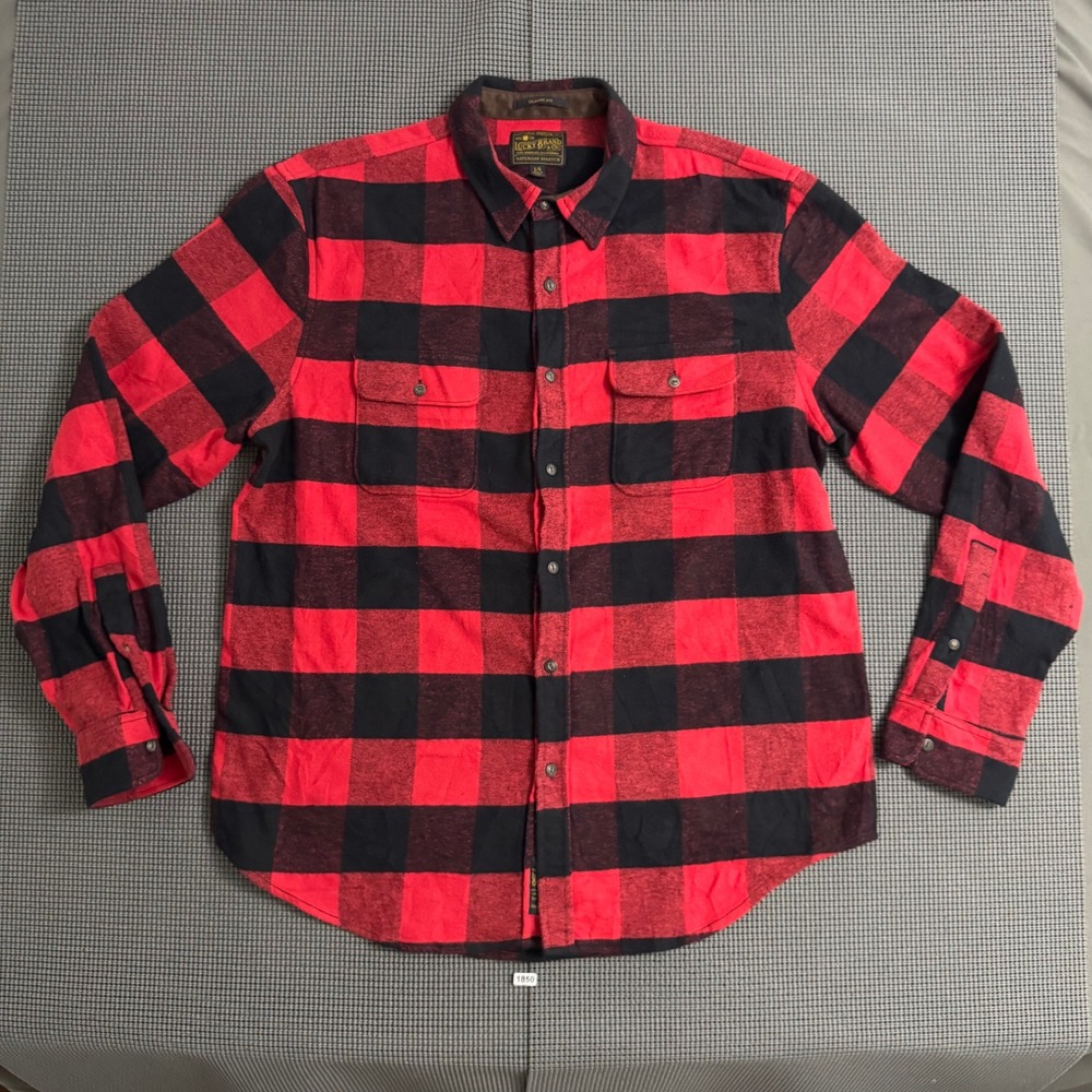 Lucky Brand Saturday Stretch Flannel Shirt Mens Large Red Black Buffalo Plaid